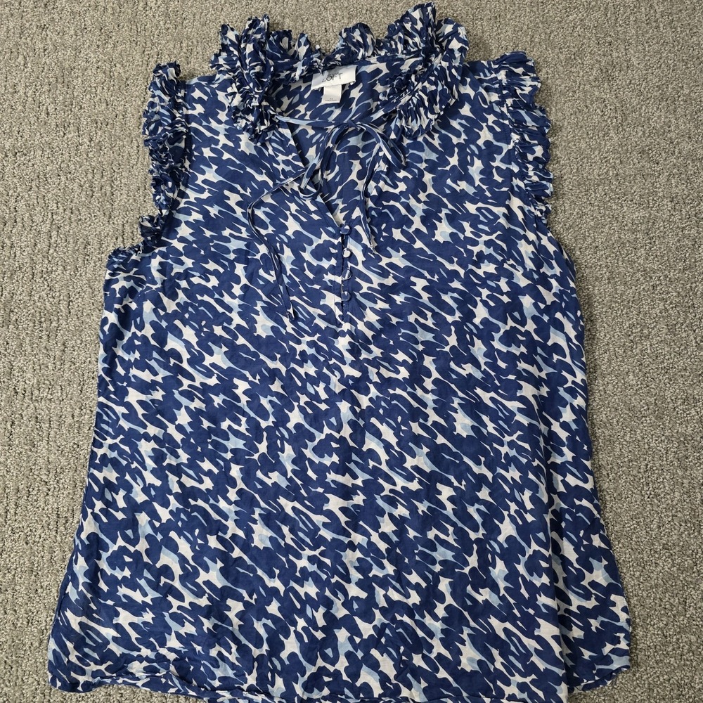 ANN TAYLOR LOFT Blue White Watercolor‎ Ruffle Sleeveless Cotton SILK Blouse M